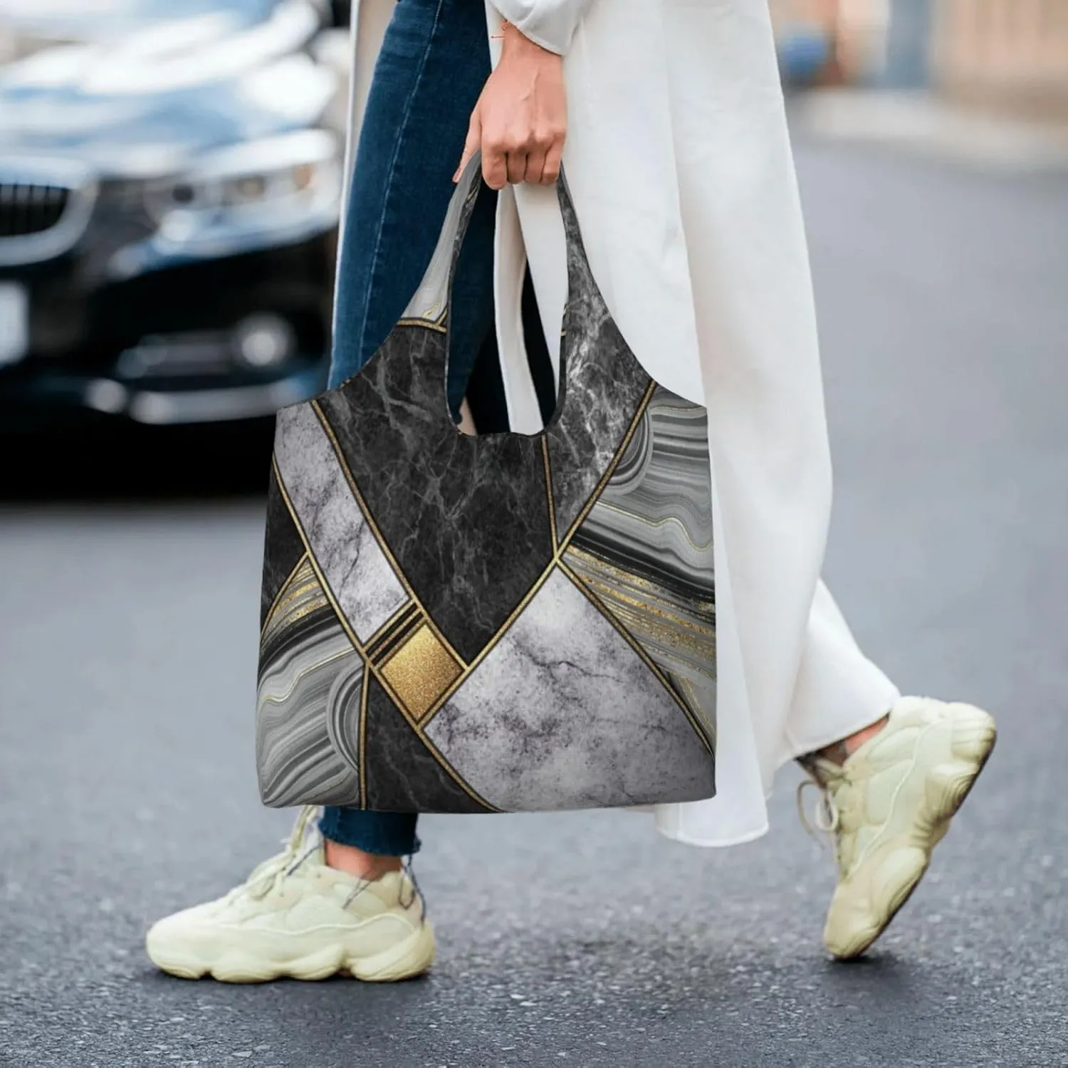 Black Gold Marble Print Tote Bags Reusable Grocery Bags Shopping Bags For Groceries Reusable Bags Foldable Shopping Bag