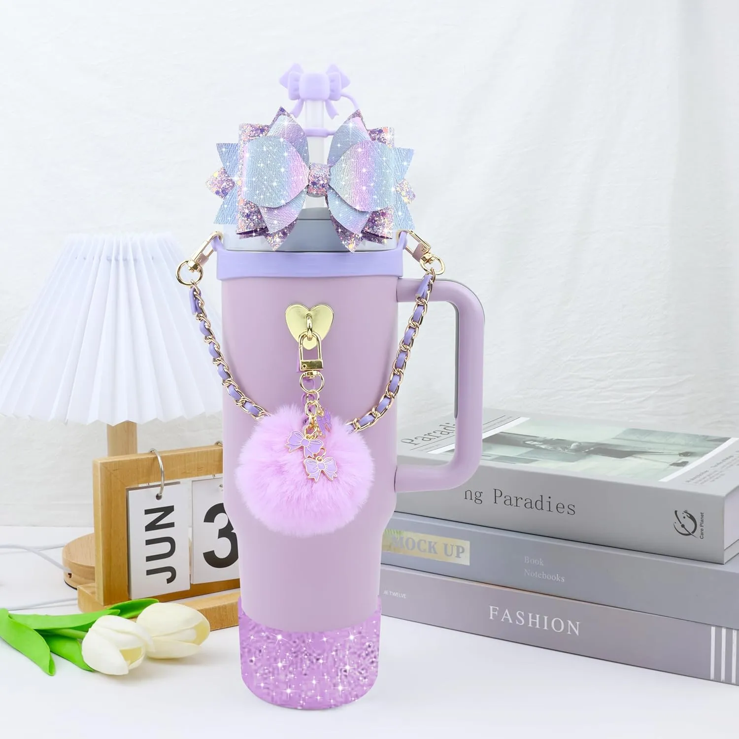 Bling Stanley Cup Accessories for 40oz & 30oz Tumbler including Silicone Cute Bow Straw Topper Cover, Silicone Stanley Cup Boot,Leather Water Bottle Handle Strap, Charms(Purple)