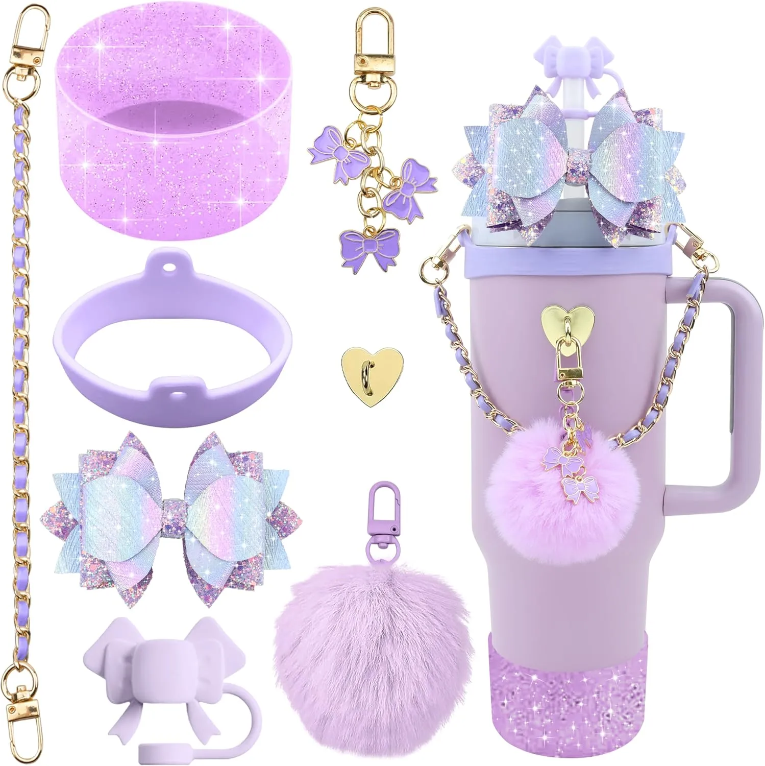 Bling Stanley Cup Accessories for 40oz & 30oz Tumbler including Silicone Cute Bow Straw Topper Cover, Silicone Stanley Cup Boot,Leather Water Bottle Handle Strap, Charms(Purple)
