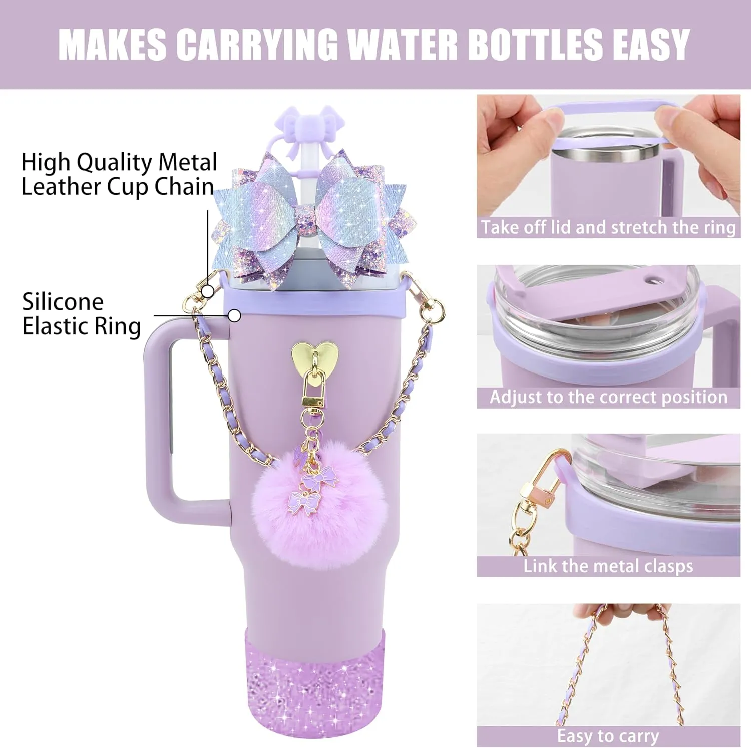 Bling Stanley Cup Accessories for 40oz & 30oz Tumbler including Silicone Cute Bow Straw Topper Cover, Silicone Stanley Cup Boot,Leather Water Bottle Handle Strap, Charms(Purple)