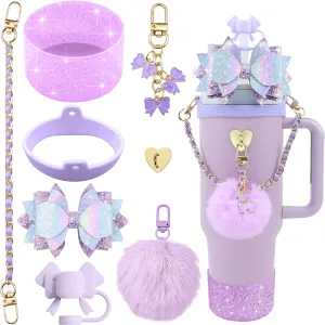 Bling Stanley Cup Accessories for 40oz & 30oz Tumbler including Silicone Cute Bow Straw Topper Cover, Silicone Stanley Cup Boot,Leather Water Bottle Handle Strap, Charms(Purple)