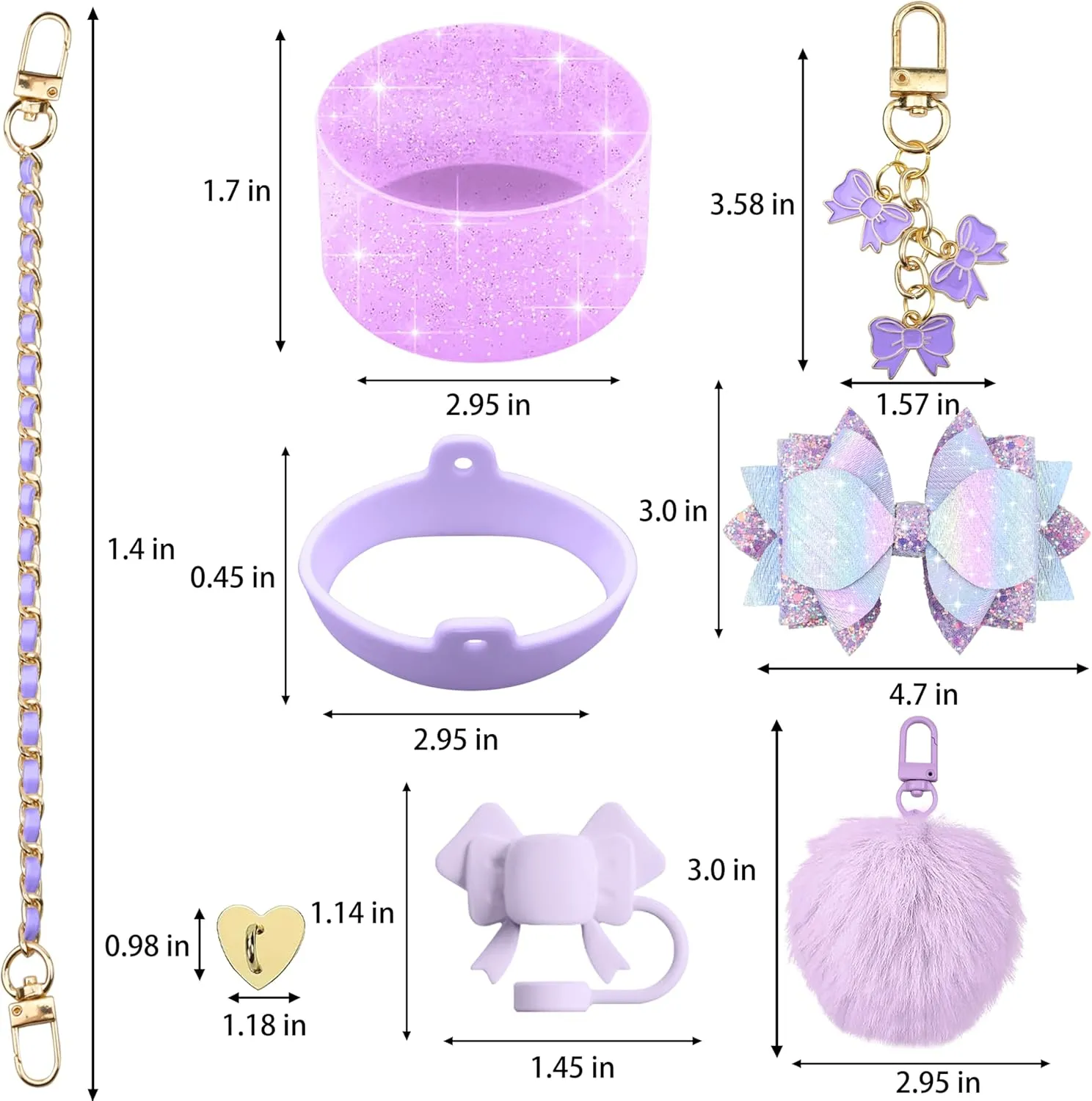 Bling Stanley Cup Accessories for 40oz & 30oz Tumbler including Silicone Cute Bow Straw Topper Cover, Silicone Stanley Cup Boot,Leather Water Bottle Handle Strap, Charms(Purple)