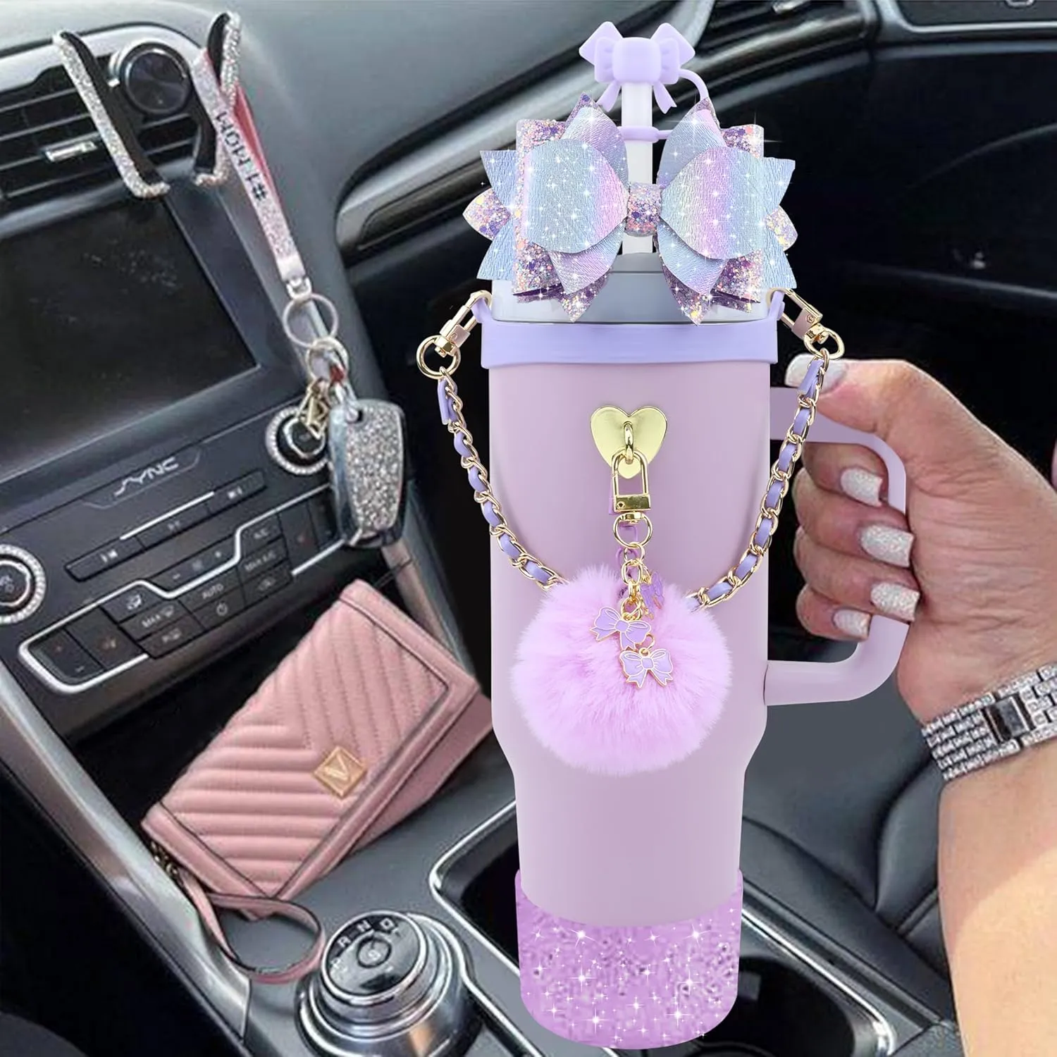 Bling Stanley Cup Accessories for 40oz & 30oz Tumbler including Silicone Cute Bow Straw Topper Cover, Silicone Stanley Cup Boot,Leather Water Bottle Handle Strap, Charms(Purple)
