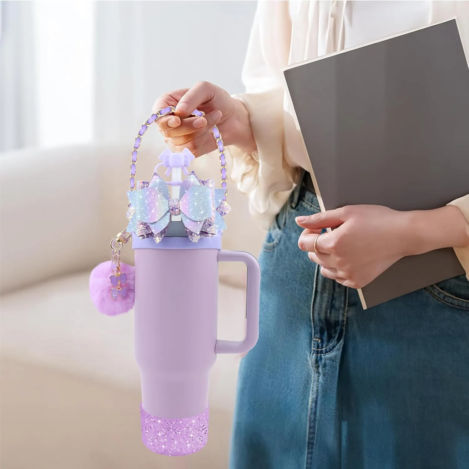 Bling Stanley Cup Accessories for 40oz & 30oz Tumbler including Silicone Cute Bow Straw Topper Cover, Silicone Stanley Cup Boot,Leather Water Bottle Handle Strap, Charms(Purple)