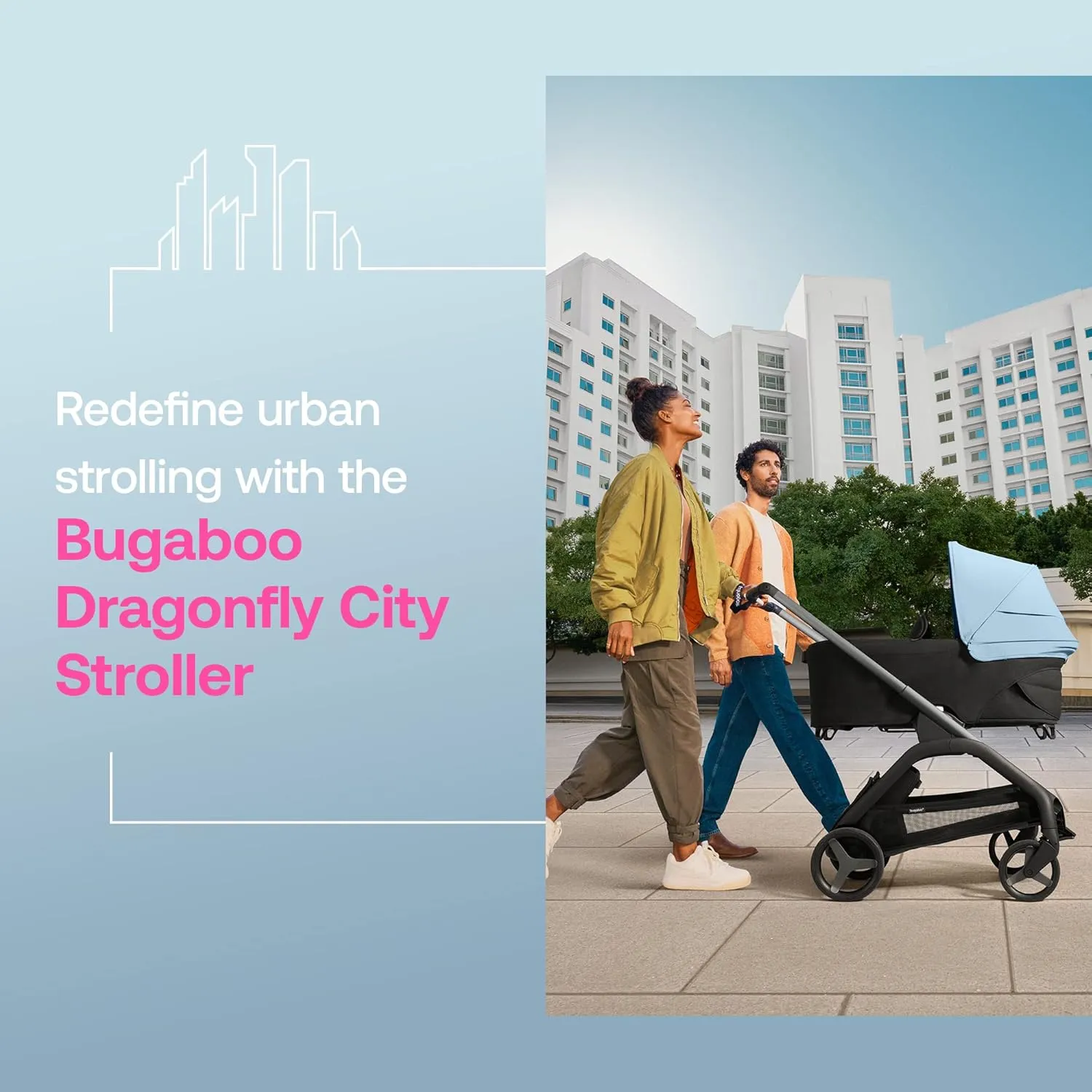 Bugaboo Dragonfly City Stroller with Full-Size Baby Bassinet and Toddler Seat, One Hand Easy Fold in Any Position, Full Suspension, Large Basket, Graphite Chassis and Grey Melange Sun Canopy
