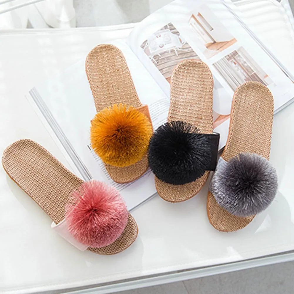 Caistre Women's House Slippers Open Toe Linen Flat Slide Sandals Fluffy Pompom Cozy Flat Slippers Sandals Non-Slip Home Shoes 2025
