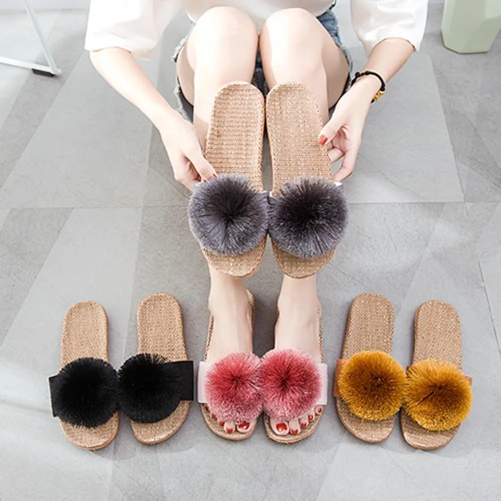 Caistre Women's House Slippers Open Toe Linen Flat Slide Sandals Fluffy Pompom Cozy Flat Slippers Sandals Non-Slip Home Shoes 2025
