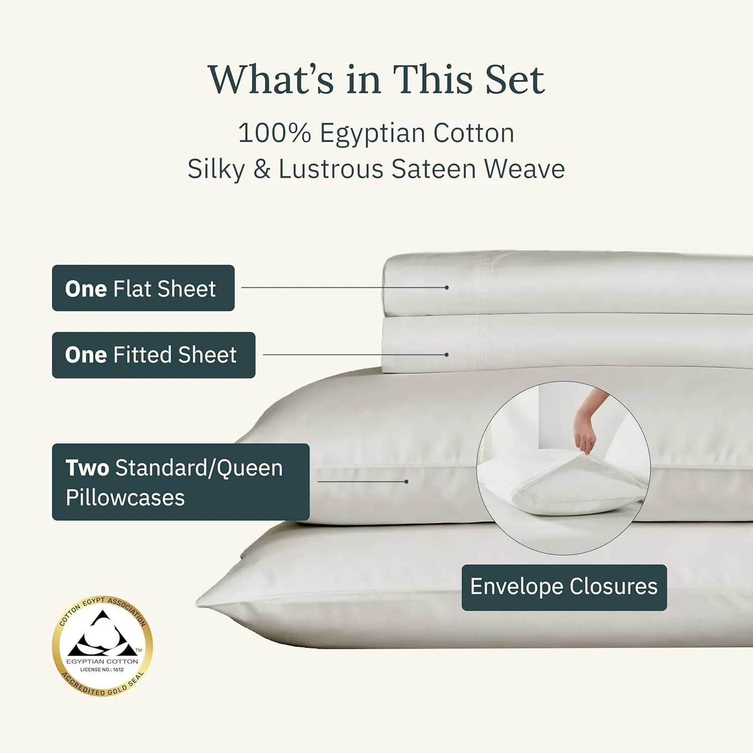 California Design Den Certified Luxury 100% Egyptian Cotton Bed Sheets Queen Size, Deep Pocket Bed Sheets Set, Sateen Cooling Sheets for Hot Sleepers, Ivory Sheet Set Queen