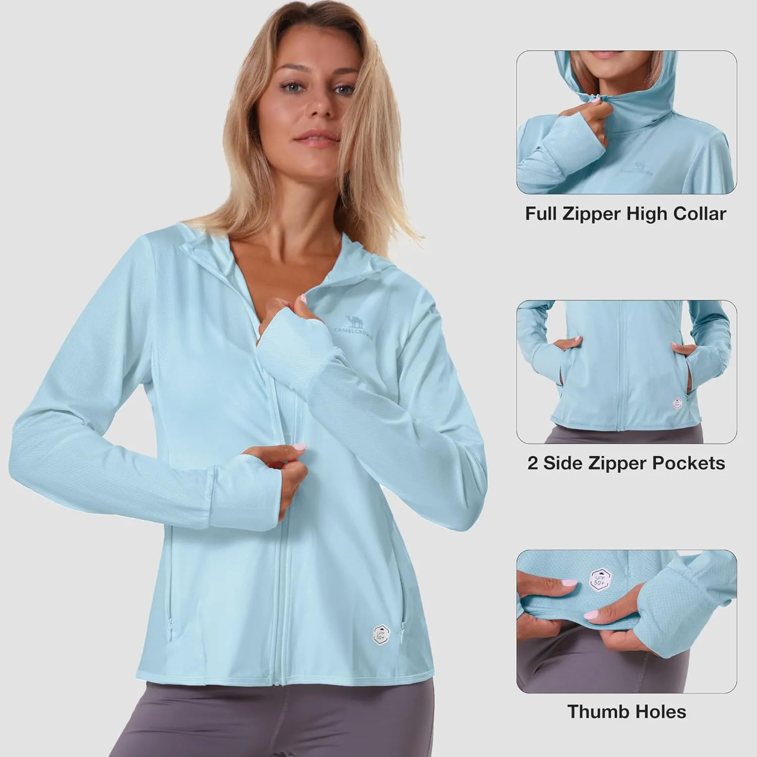 CAMELSPORTS Women UPF 50  Athletic Jacket Sun Protection Long Sleeve Hiking Shirts Lightweight Outdoor Hoodie with Pocket
