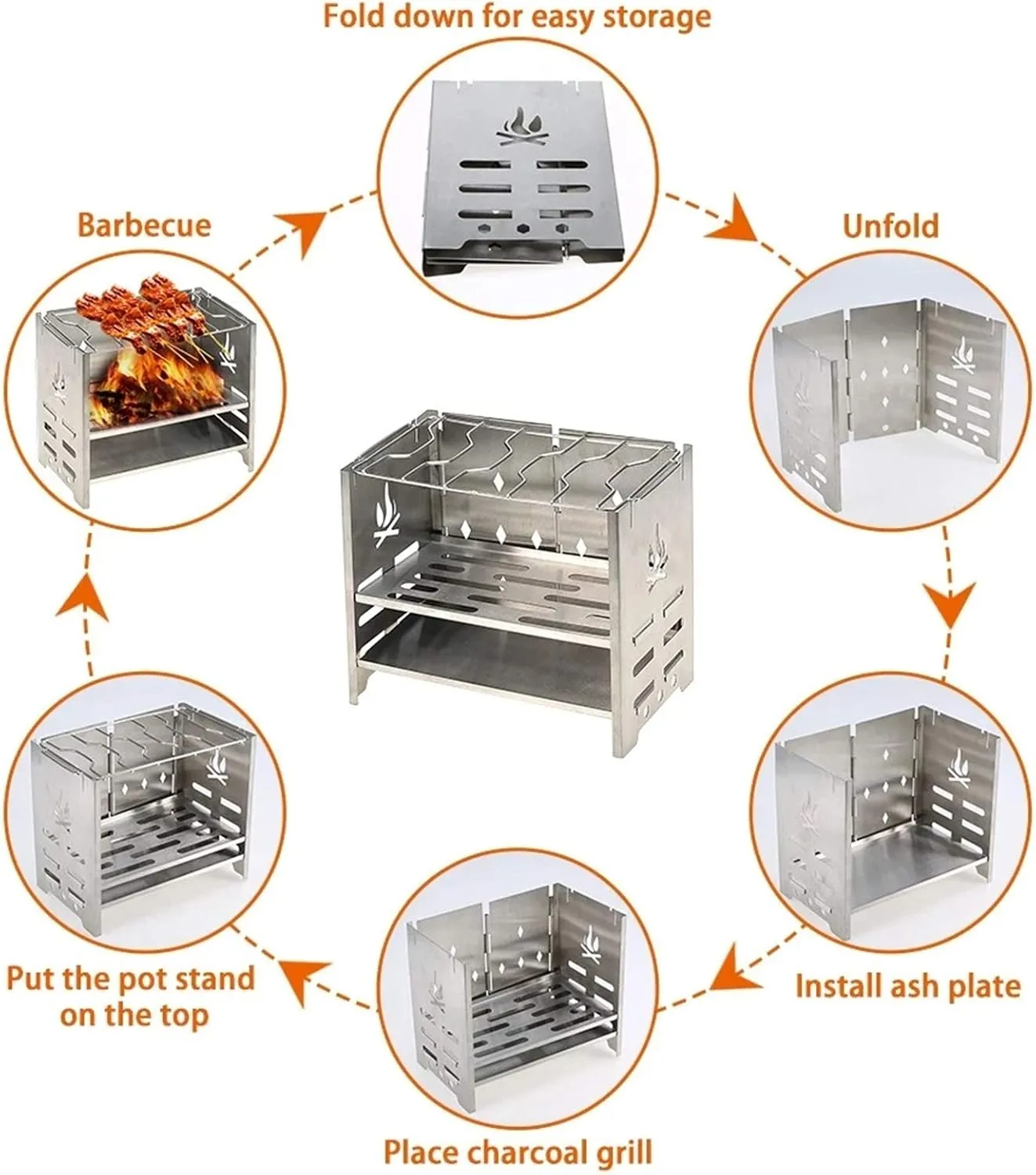 Camping Stove Outdoor Wood Burning Camp Stove Potable Folding Stainless Steel Backpacking Stove Camp Stoves (Color : Silver Size : One Size) (Silver One Size)