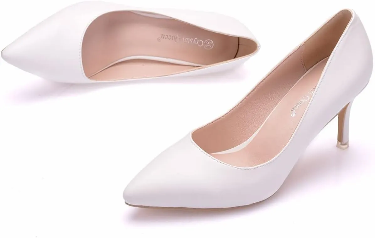 ChaiRong Zhou Women Classy Wedding Pumps, Pointy Toe Lace Flower Mid Heel Stilettos Slip on Dress Bridal Shoes