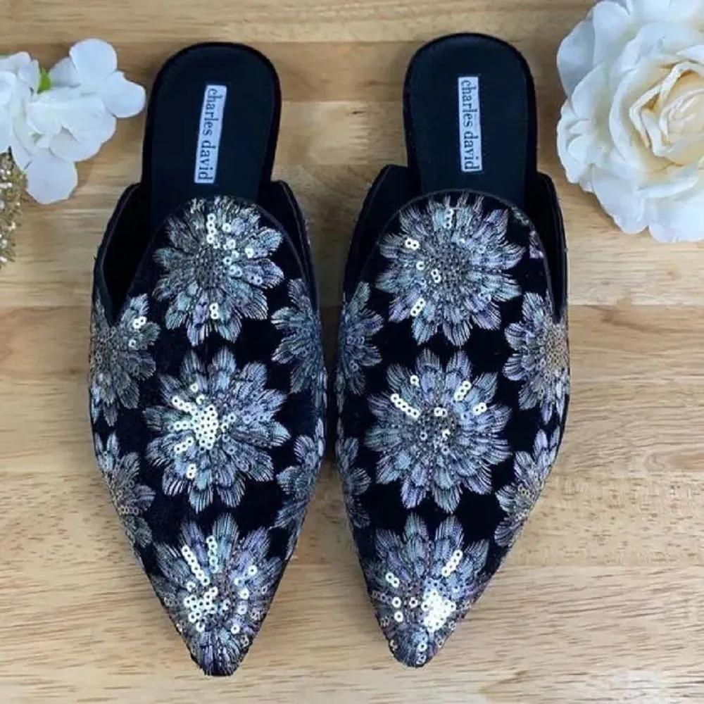 Charles David Black Sequin Mules 8M
