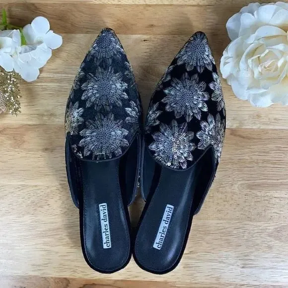 Charles David Black Sequin Mules 8M