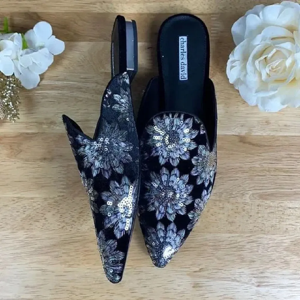 Charles David Black Sequin Mules 8M