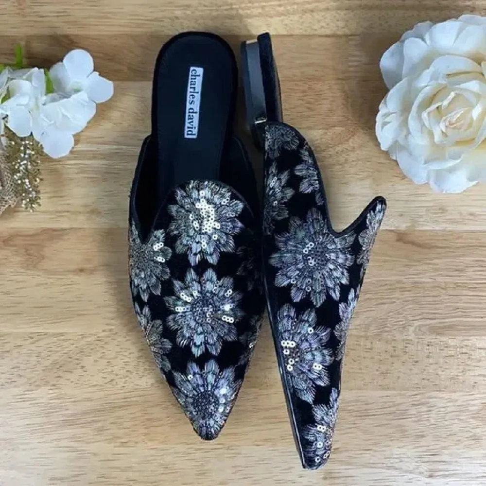 Charles David Black Sequin Mules 8M