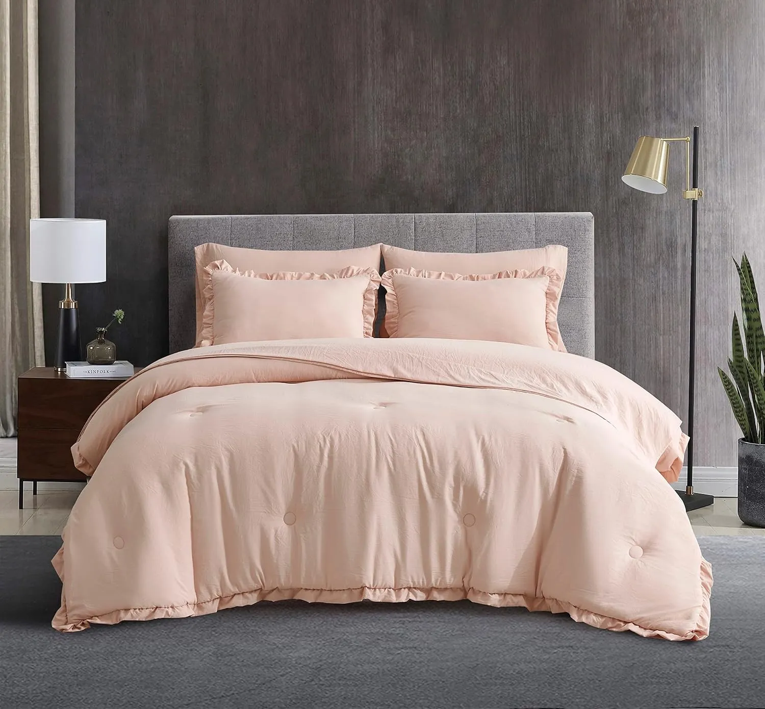 Chezmoi Collection Eleanora Queen Bed in a Bag 7-Pieces Ruffled Edge Trim Soft Washed Double Brushed Microfiber Comforter with Sheets Lightweight All Season Bedding Set (Queen, Blush Pink)
