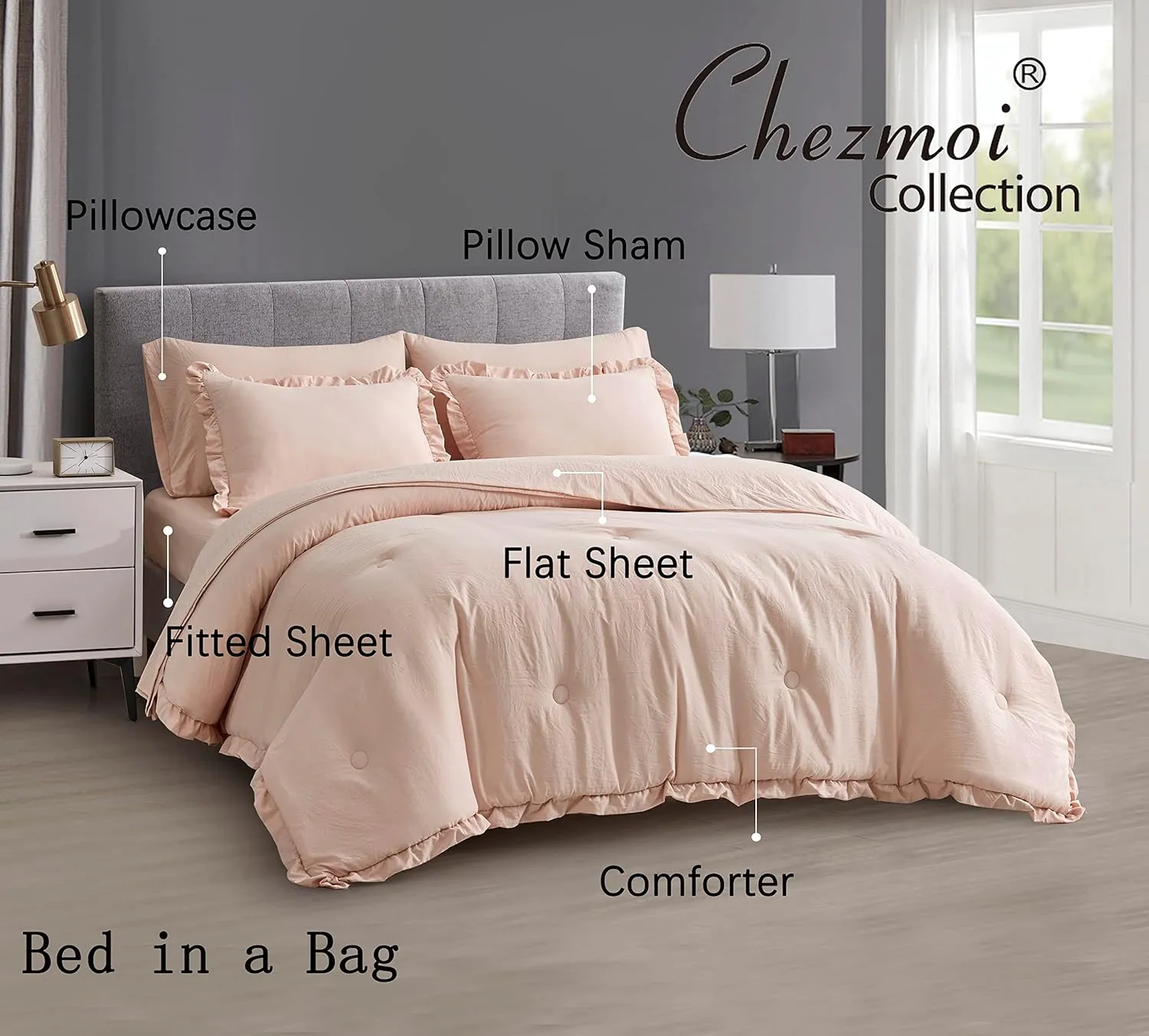 Chezmoi Collection Eleanora Queen Bed in a Bag 7-Pieces Ruffled Edge Trim Soft Washed Double Brushed Microfiber Comforter with Sheets Lightweight All Season Bedding Set (Queen, Blush Pink)