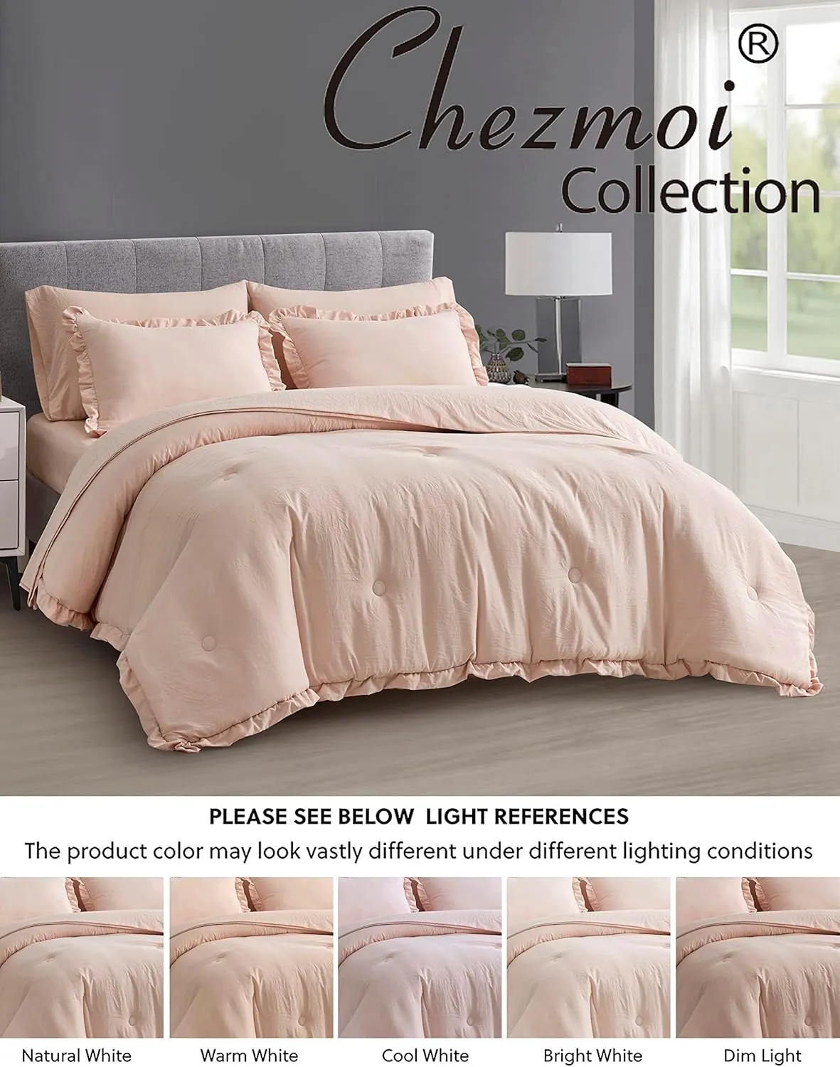 Chezmoi Collection Eleanora Queen Bed in a Bag 7-Pieces Ruffled Edge Trim Soft Washed Double Brushed Microfiber Comforter with Sheets Lightweight All Season Bedding Set (Queen, Blush Pink)