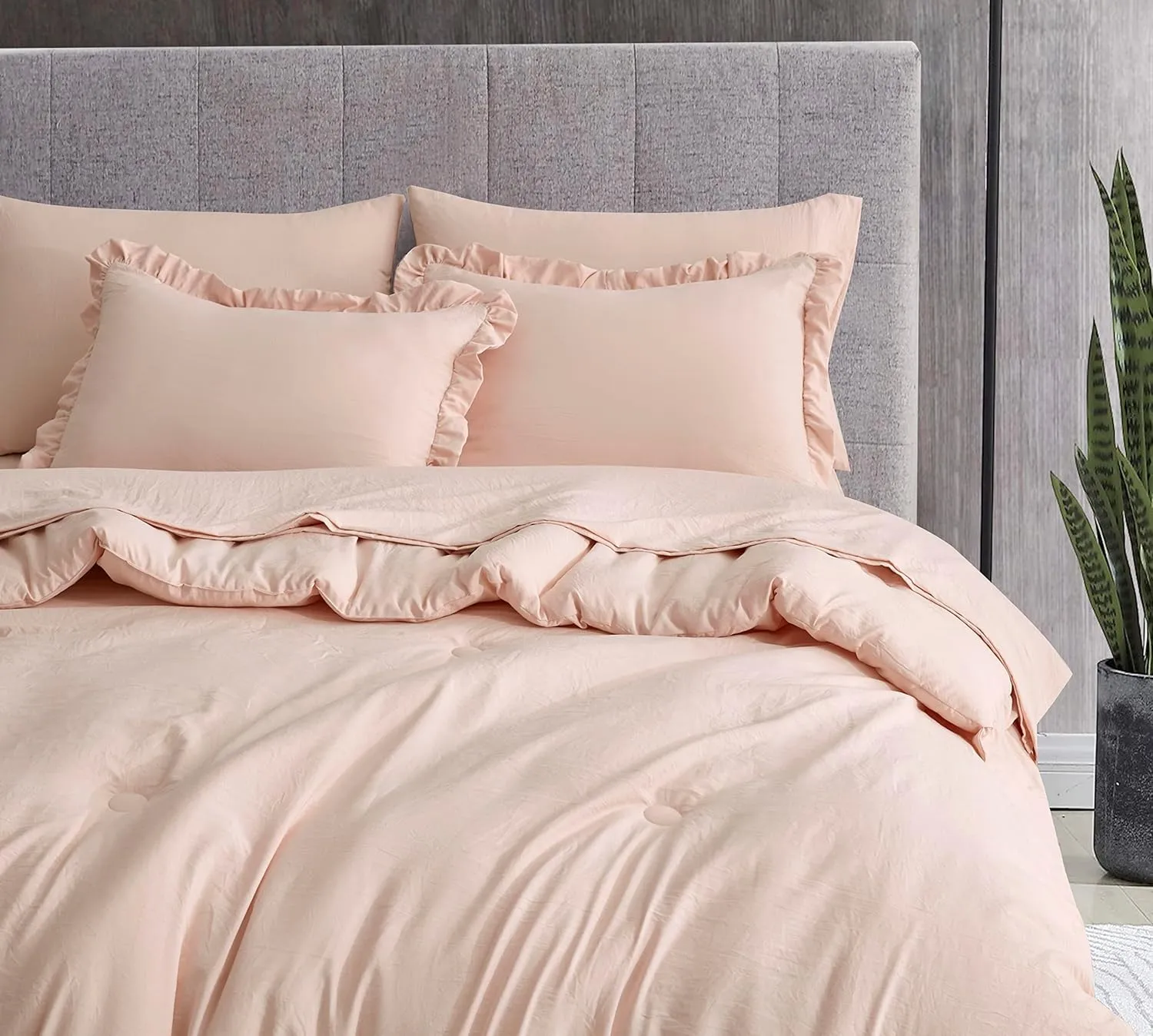 Chezmoi Collection Eleanora Queen Bed in a Bag 7-Pieces Ruffled Edge Trim Soft Washed Double Brushed Microfiber Comforter with Sheets Lightweight All Season Bedding Set (Queen, Blush Pink)