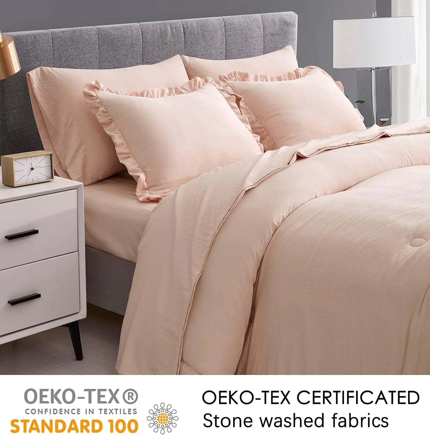 Chezmoi Collection Eleanora Queen Bed in a Bag 7-Pieces Ruffled Edge Trim Soft Washed Double Brushed Microfiber Comforter with Sheets Lightweight All Season Bedding Set (Queen, Blush Pink)