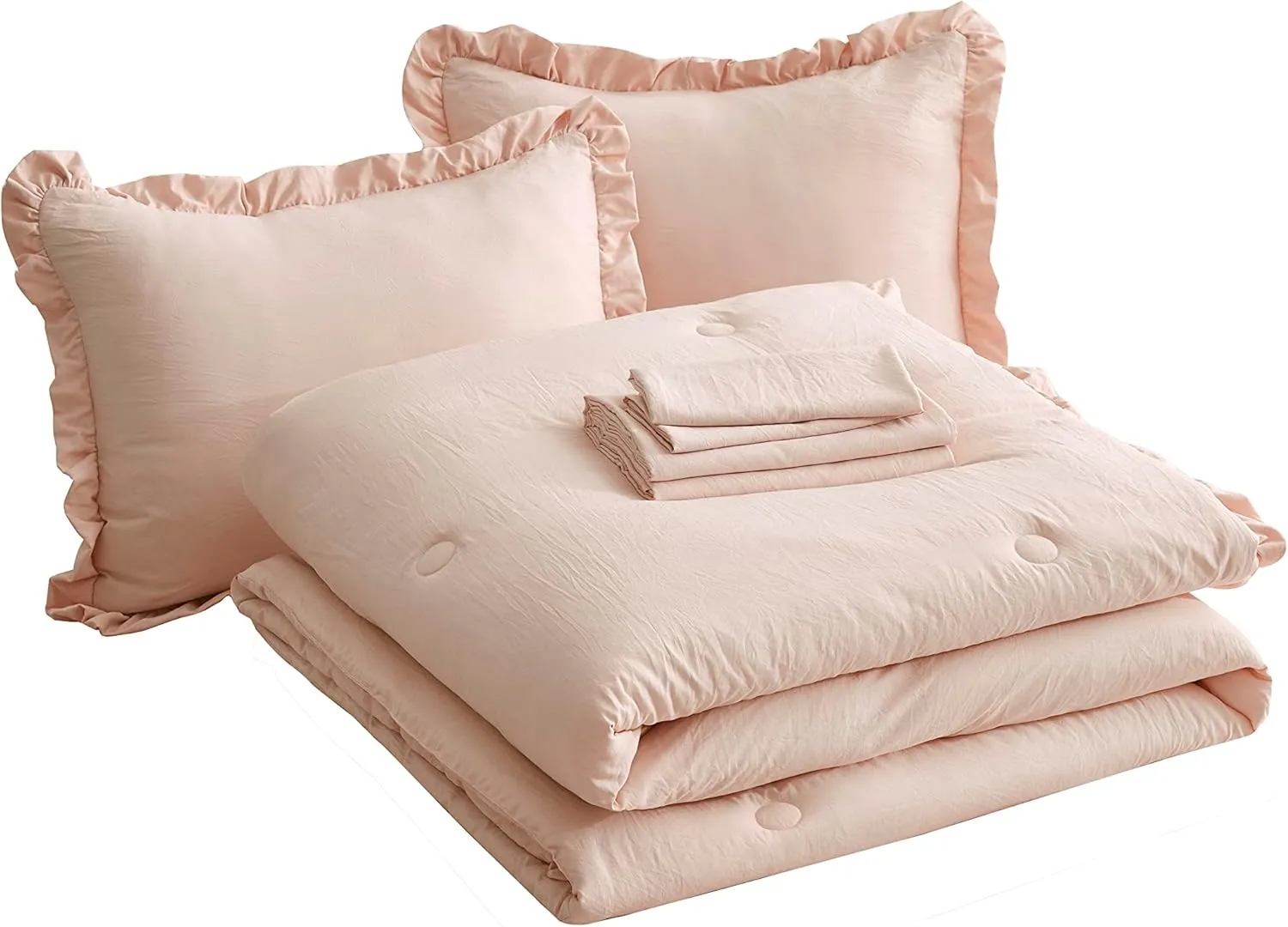 Chezmoi Collection Eleanora Queen Bed in a Bag 7-Pieces Ruffled Edge Trim Soft Washed Double Brushed Microfiber Comforter with Sheets Lightweight All Season Bedding Set (Queen, Blush Pink)