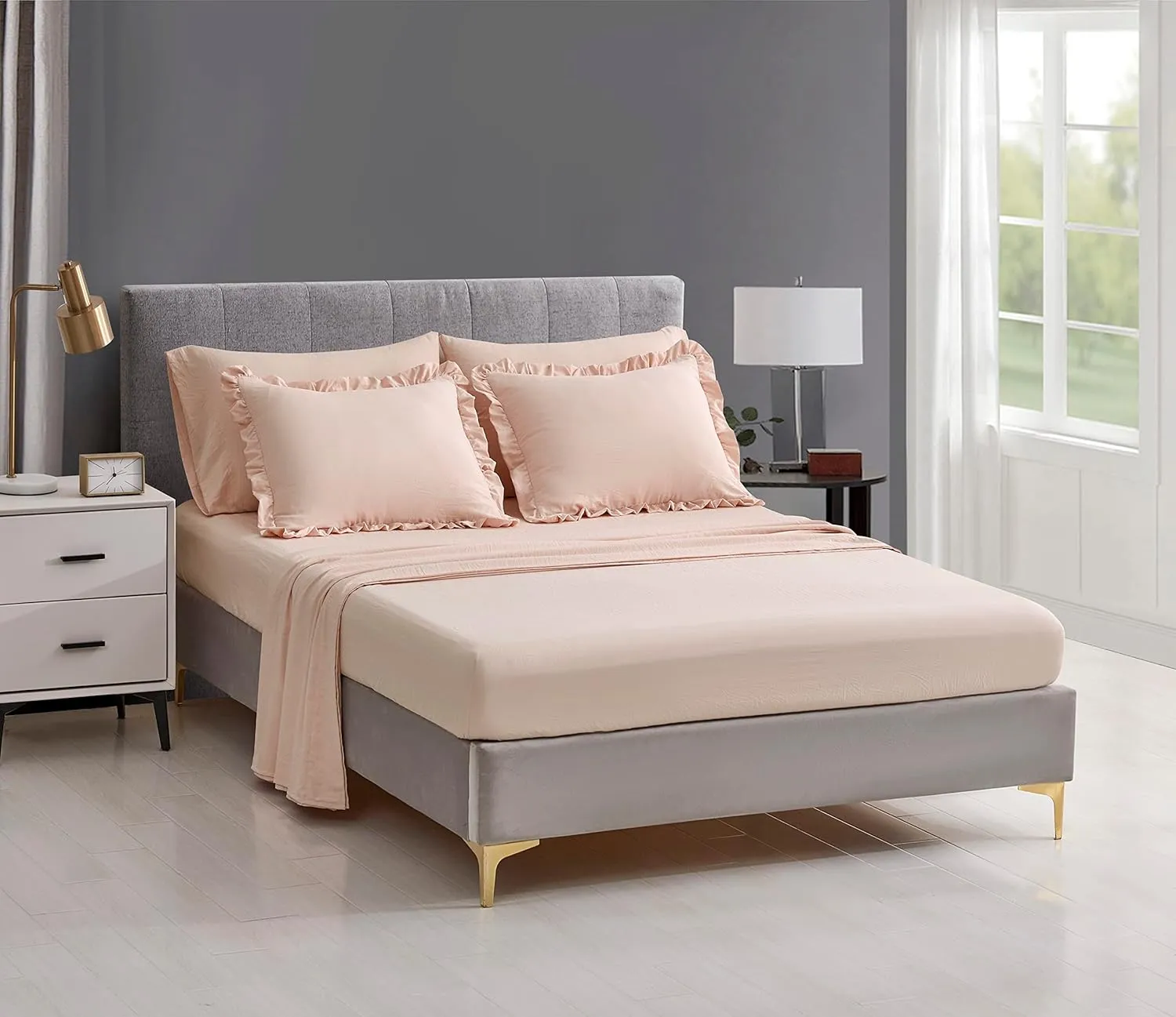Chezmoi Collection Eleanora Queen Bed in a Bag 7-Pieces Ruffled Edge Trim Soft Washed Double Brushed Microfiber Comforter with Sheets Lightweight All Season Bedding Set (Queen, Blush Pink)