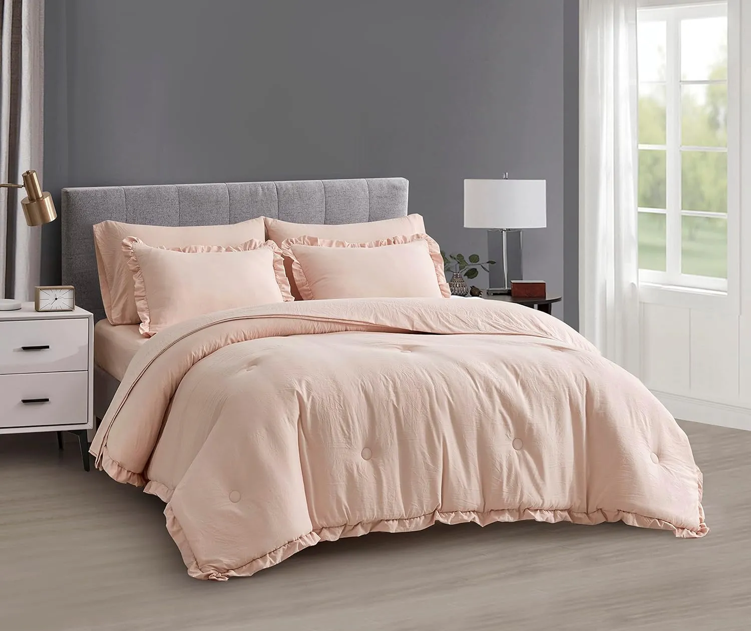 Chezmoi Collection Eleanora Queen Bed in a Bag 7-Pieces Ruffled Edge Trim Soft Washed Double Brushed Microfiber Comforter with Sheets Lightweight All Season Bedding Set (Queen, Blush Pink)