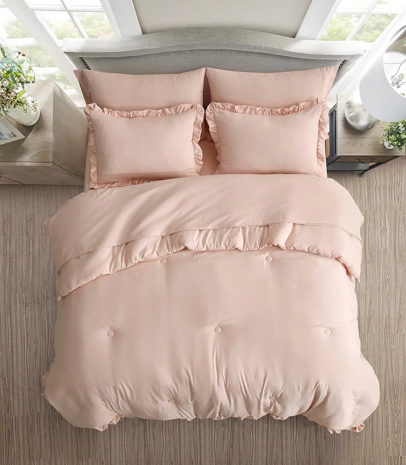 Chezmoi Collection Eleanora Queen Bed in a Bag 7-Pieces Ruffled Edge Trim Soft Washed Double Brushed Microfiber Comforter with Sheets Lightweight All Season Bedding Set (Queen, Blush Pink)