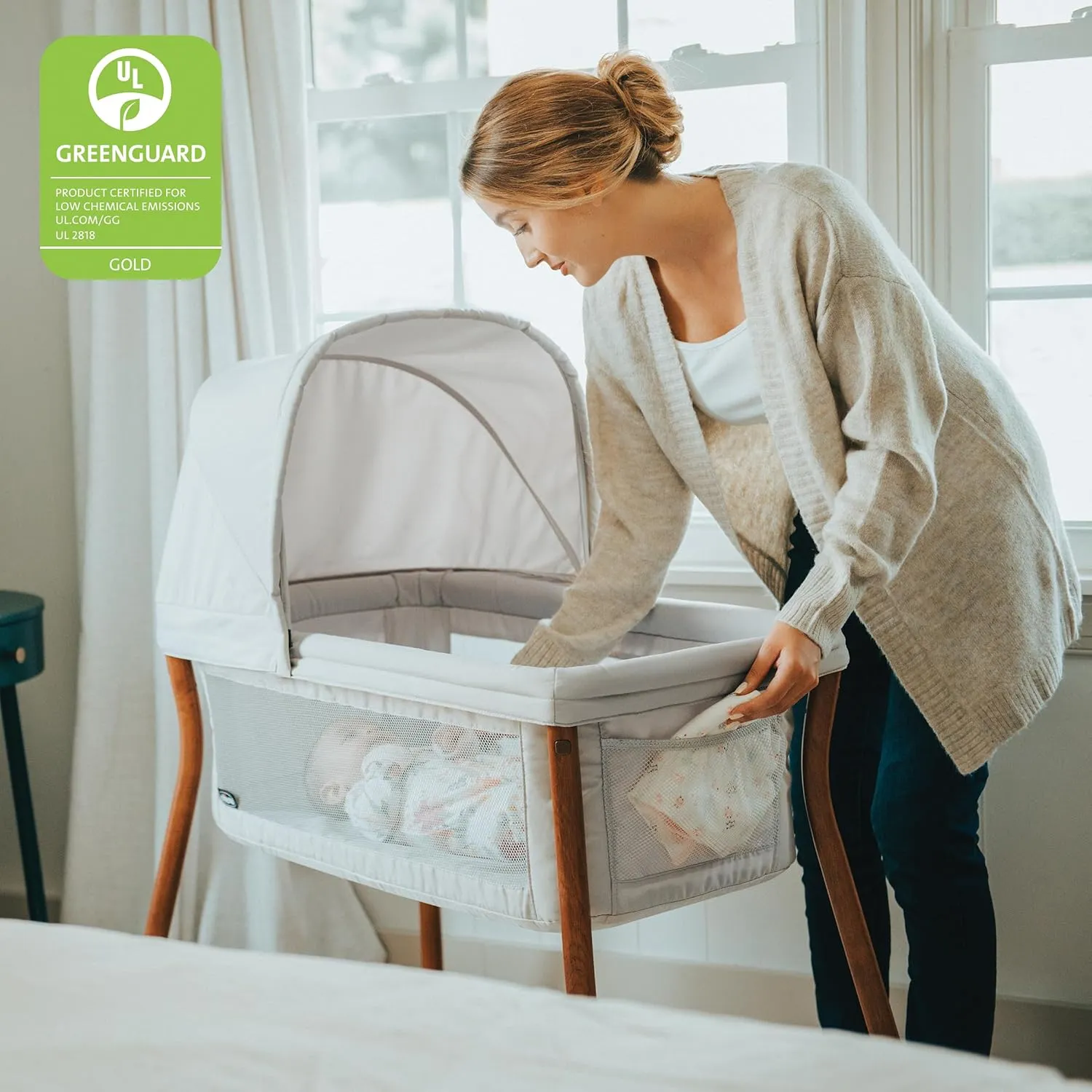 Chicco LullaGo® Anywhere LE Portable Bassinet, Space-Saving Baby Bassinet with Canopy, Waterproof Mattress and Fitted Sheet, Includes Carry Bag | Serene/Beige