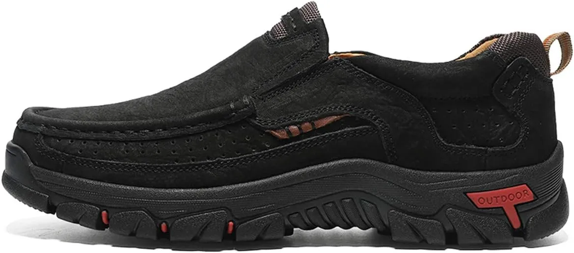 CHICLOVEY Men's Slip-on Hiking Shoes Leather Casual Outdoor Walking Sneaker