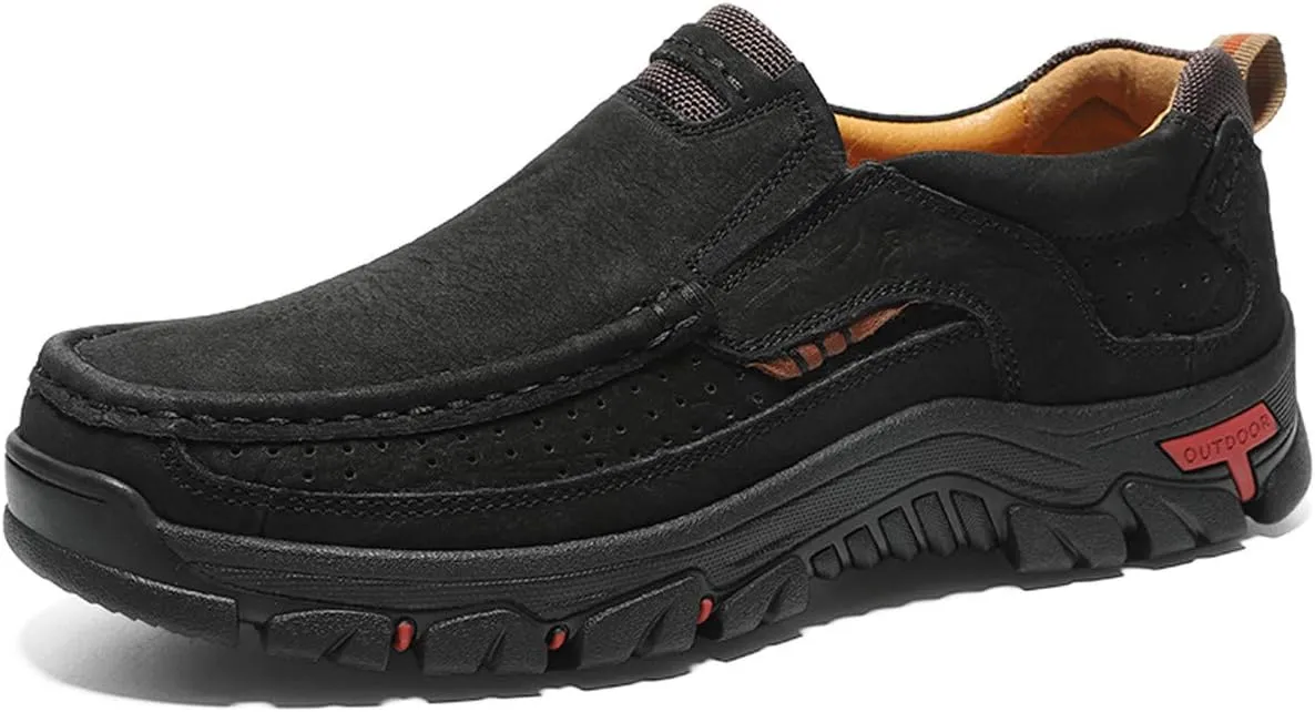 CHICLOVEY Men's Slip-on Hiking Shoes Leather Casual Outdoor Walking Sneaker