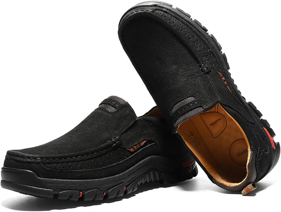 CHICLOVEY Men's Slip-on Hiking Shoes Leather Casual Outdoor Walking Sneaker