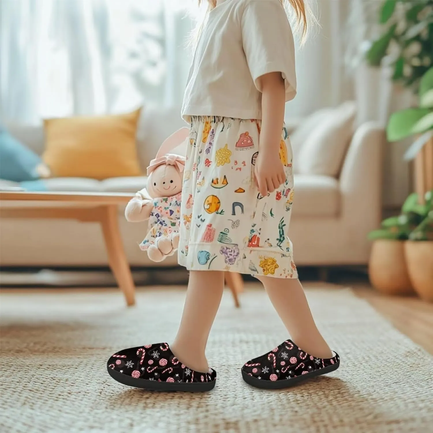 Christmas Kids Fuzzy Warm House Slippers for Girls Non Slip Rubber Sole Home Slippers for Toddlers Size 9-15