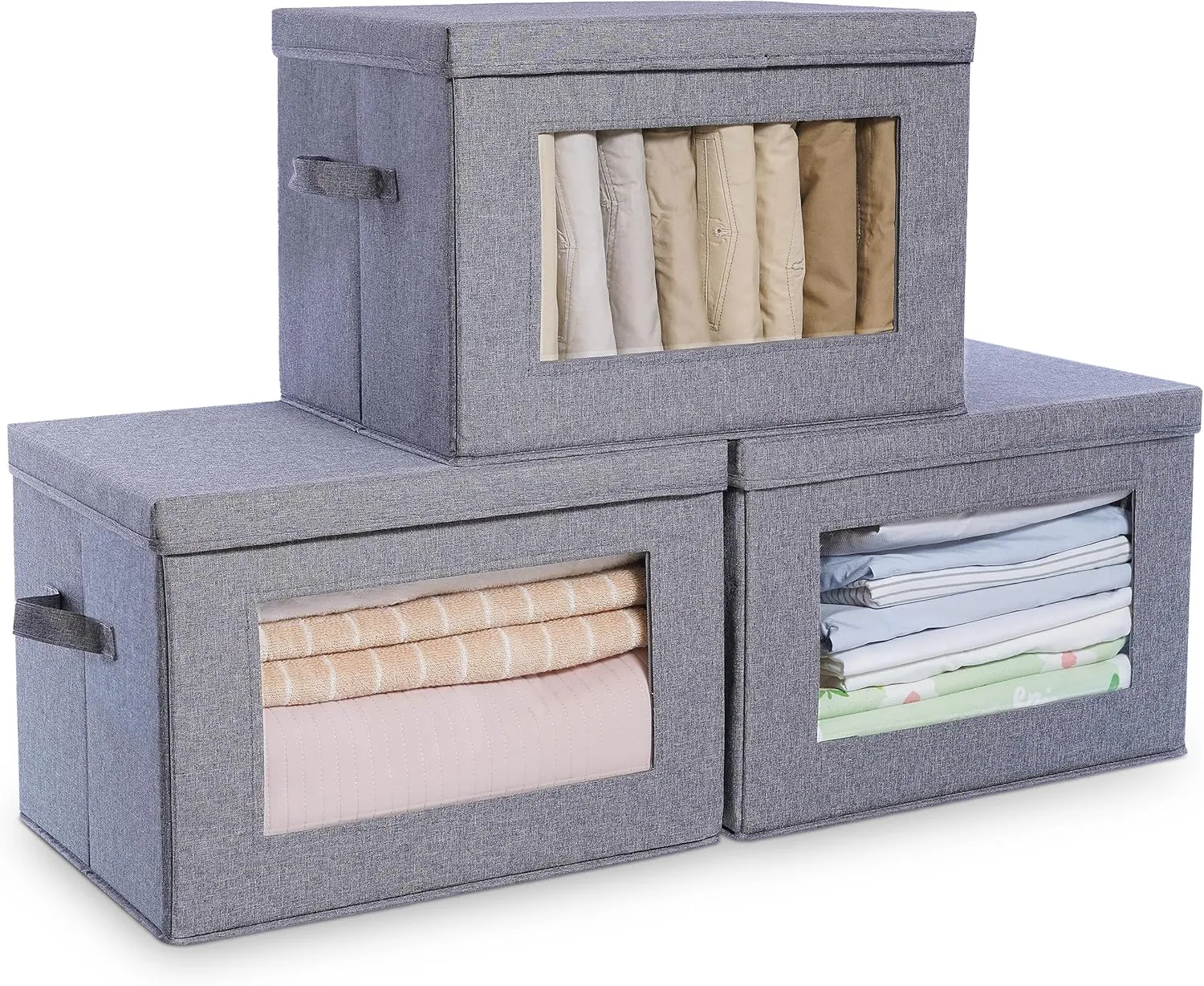 Citylife 3-Pack Collapsible Storage Bins with Lids, Linen Fabric Foldable Storage Boxes, Cube Closet Organization for Clothes, Blankets and Books, Gray