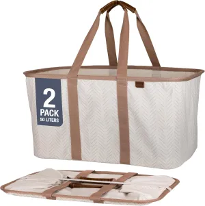 CleverMade Collapsible Laundry Tote - LUXE Cream Herringbone 2Pack 50L -Foldable Storage Organization Container Clothes Laundry Room Storage Solution