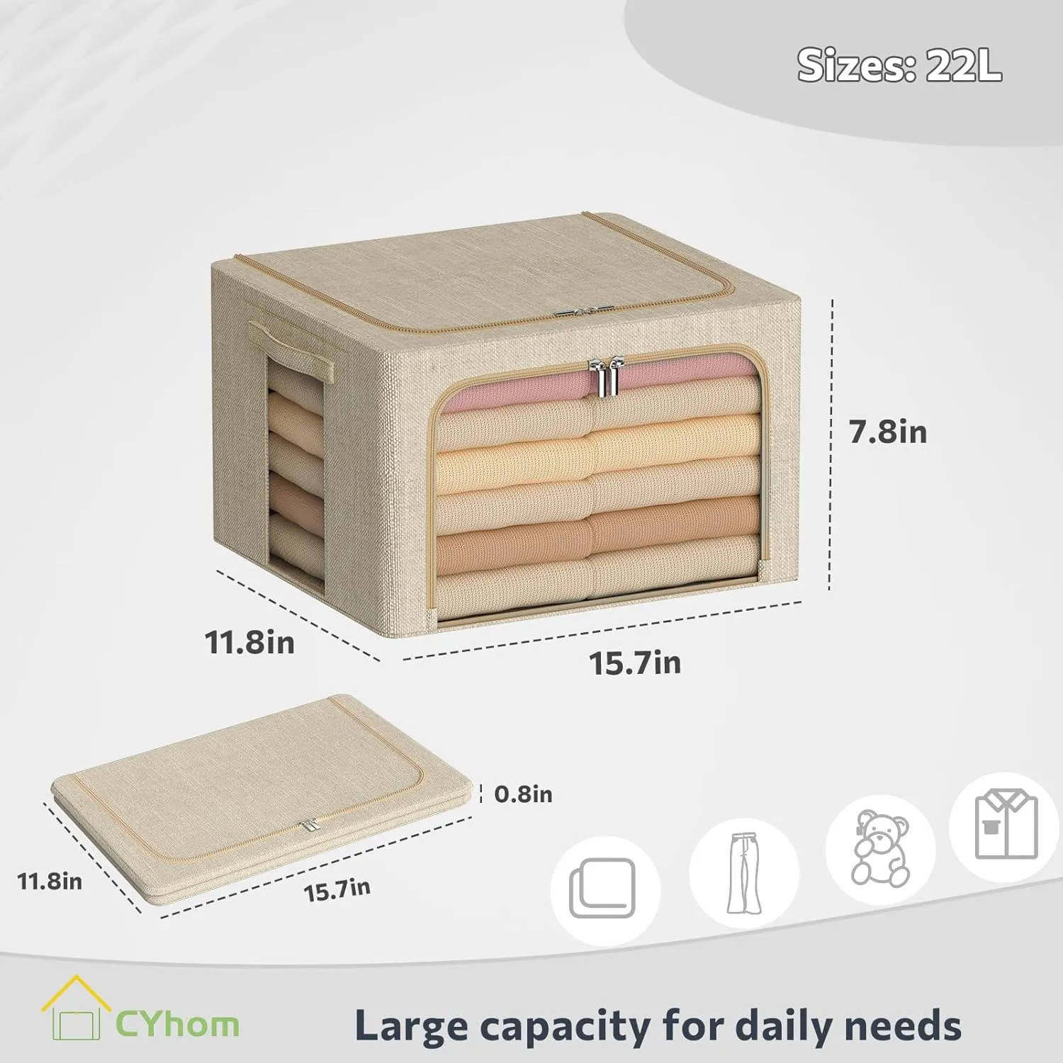 Clothes Storage Bins Box - Linen Fabric Foldable Stackable Container Organizer Set with Clear Window & Carry Handles & Metal Frame - 2Pack Large Capacity for Bedding, Blankets, Books