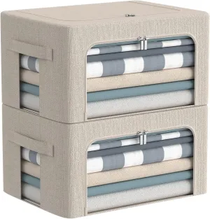 Clothes Storage Bins Box - Linen Fabric Foldable Stackable Container Organizer Set with Clear Window & Carry Handles & Metal Frame - 2Pack Large Capacity for Bedding, Blankets, Books