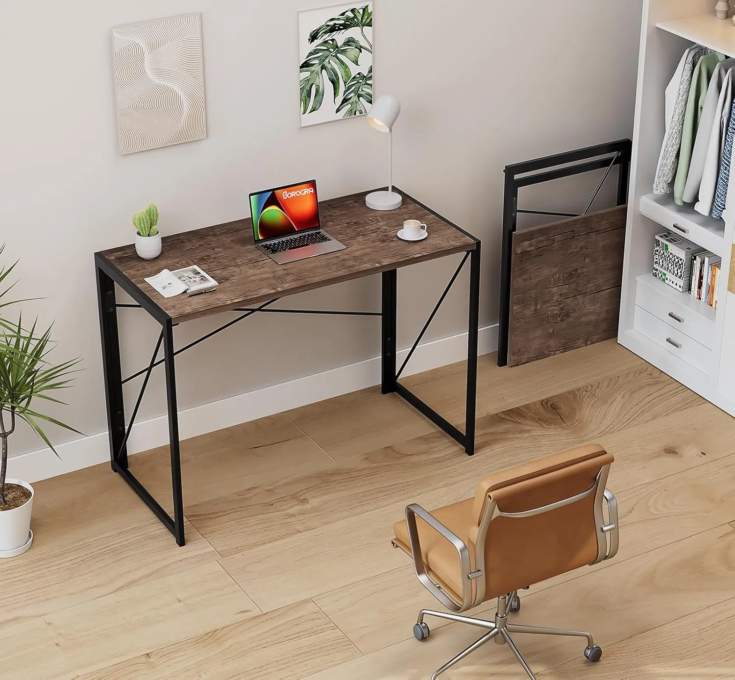 Coavas Folding Desk No Assembly Required, 39.4 inch Writing Computer Desk Space Saving Foldable Table Simple Home Office Desk,Brown