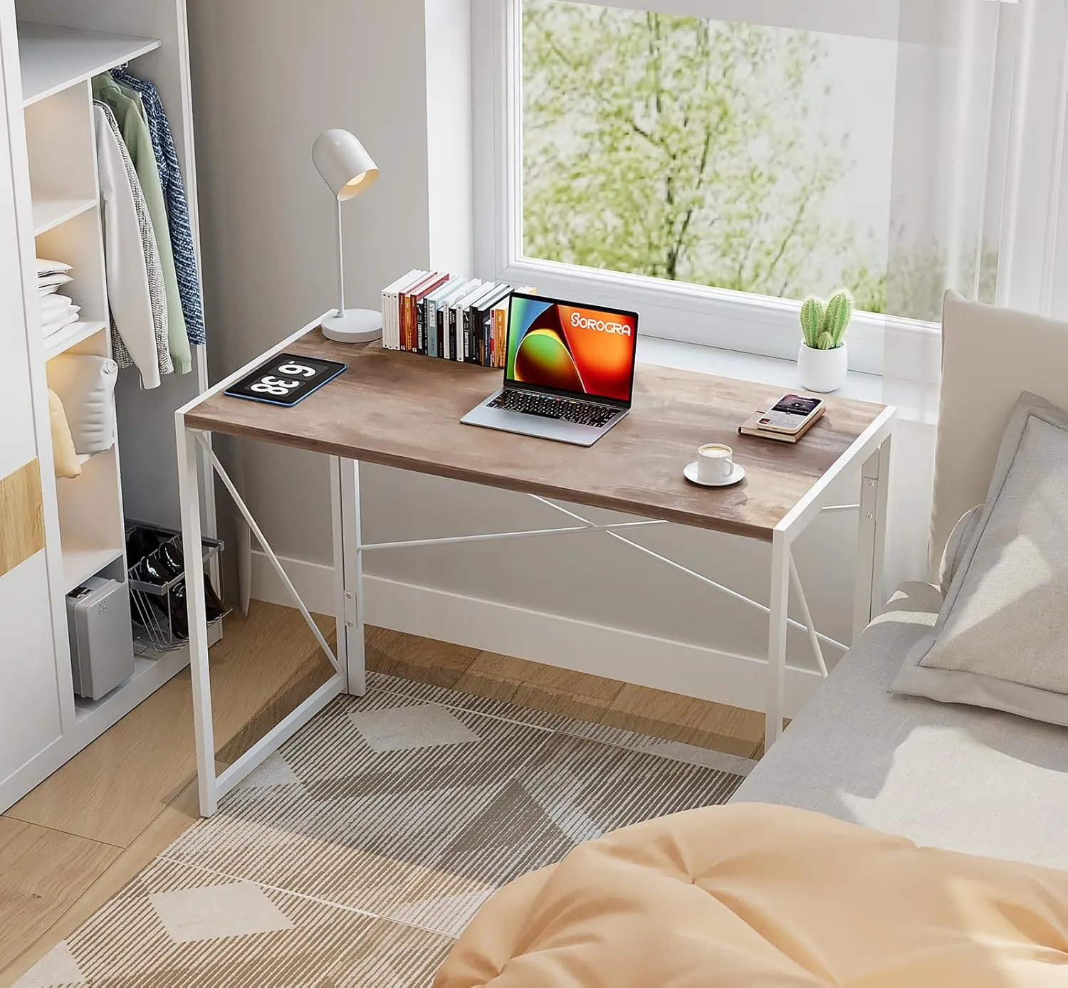 Coavas Small Folding Desk, No Assembly Required Computer Desks, 39.4 inch Spaces Saving Foldable Table for Bedroom, Home Office, Dorm, Apartment, Oak