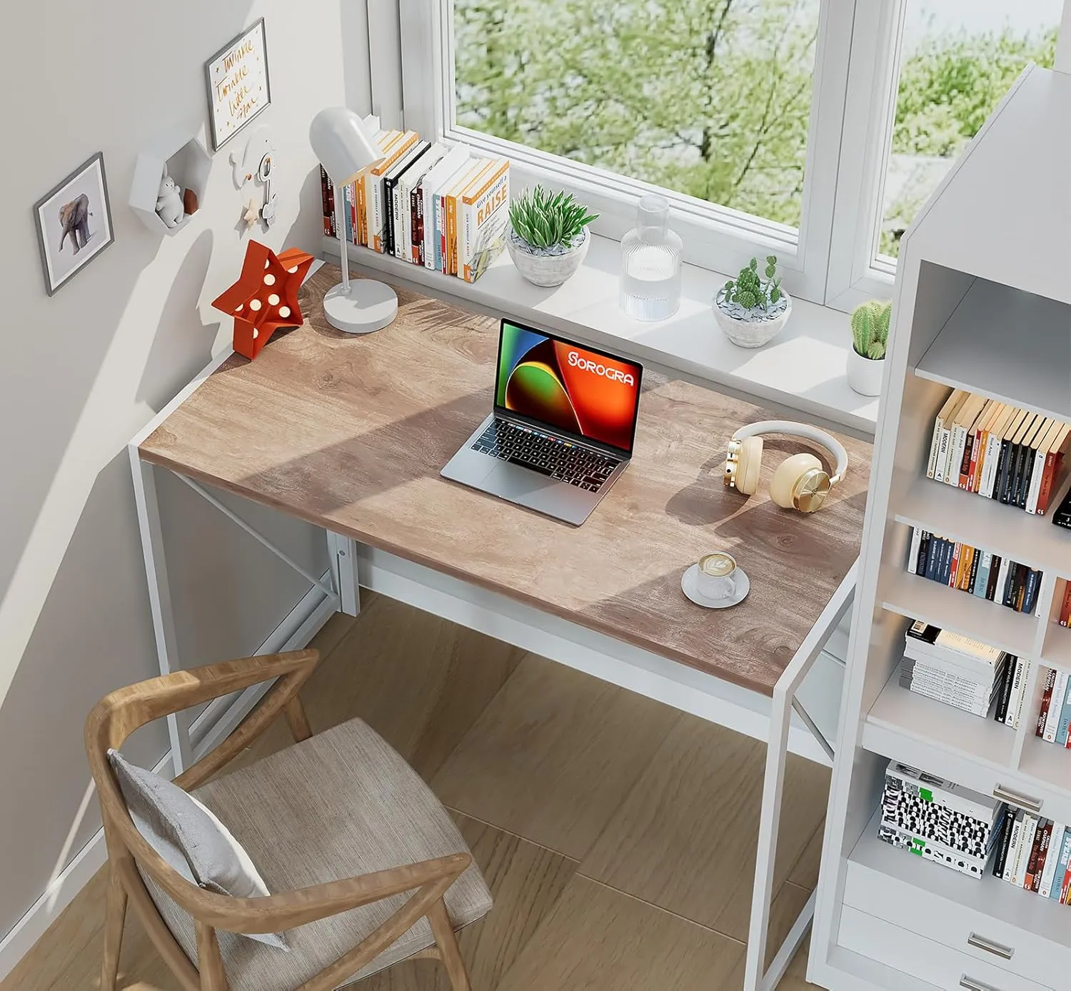Coavas Small Folding Desk, No Assembly Required Computer Desks, 39.4 inch Spaces Saving Foldable Table for Bedroom, Home Office, Dorm, Apartment, Oak