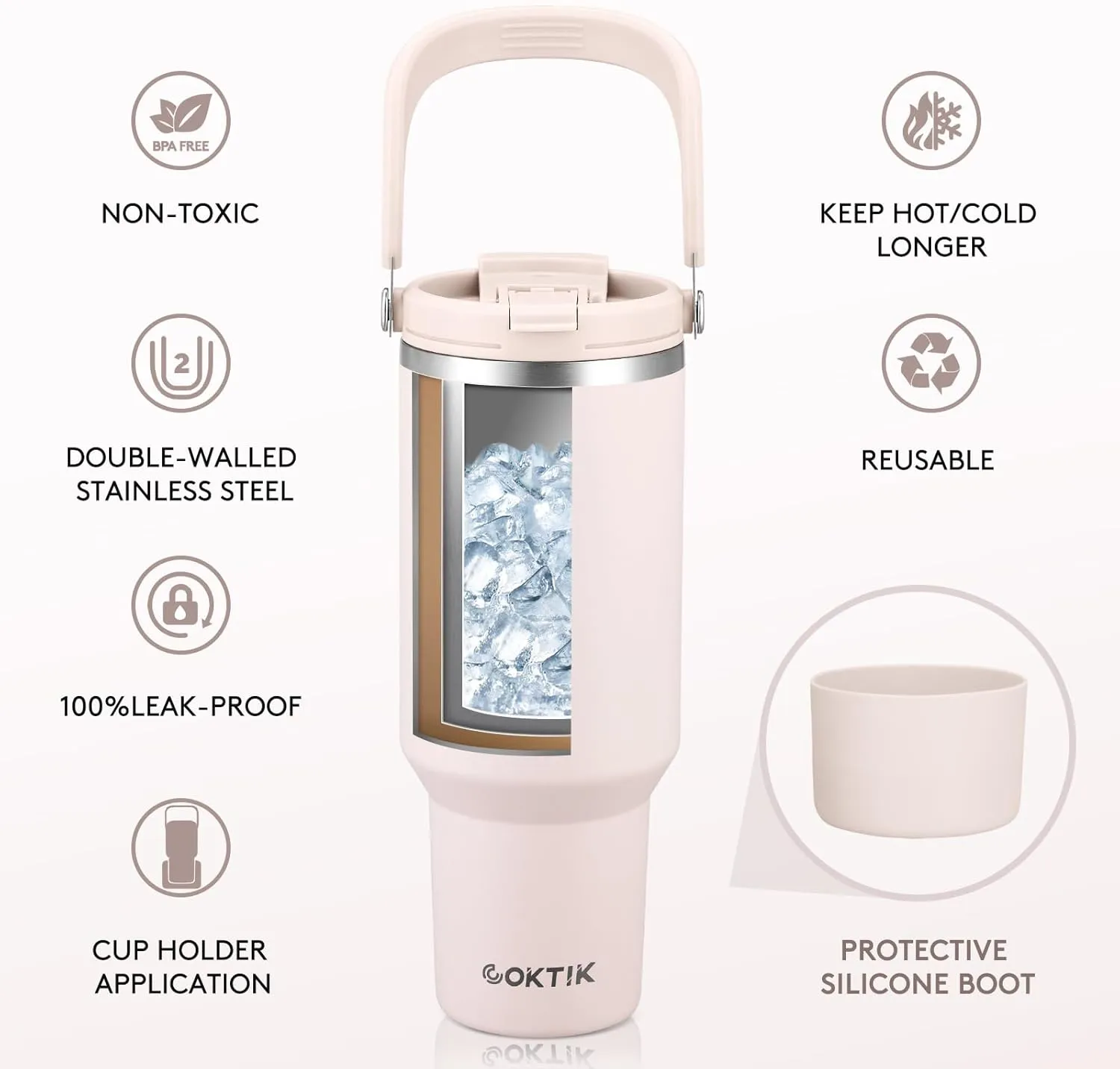 COKTIK 40 oz Tumbler with Handle and Straw, Double Insulated Tumblers with Flip Straw and Top Handle, Leakproof Tumbler, Stanley Cup, Insulated Water Bottle (Rose Quartz)