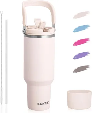 COKTIK 40 oz Tumbler with Handle and Straw, Double Insulated Tumblers with Flip Straw and Top Handle, Leakproof Tumbler, Stanley Cup, Insulated Water Bottle (Rose Quartz)