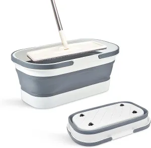 Collapsible Plastic Bucket with Wheels 12L (3.17 Gallon) for House Cleaning, Camping, and RV - Multi-Purpose Rectangular Handy Basket for Cleaning Mop - Lightweight and Portable (Grey)