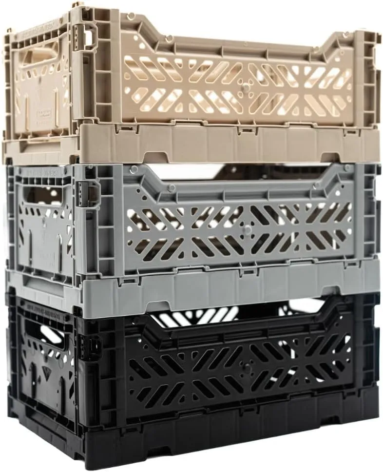 Collapsible Storage Box, Foldable Crate Organizer Bin with Handle, Stackable Crates for Home Organization (Black-Sand-Gray, 4L - 3-Pack)