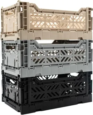 Collapsible Storage Box, Foldable Crate Organizer Bin with Handle, Stackable Crates for Home Organization (Black-Sand-Gray, 4L - 3-Pack)