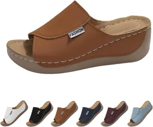 Comfortable Arch Support Slides Women's Solid Color Sandals Breathable Summer Orthotic Leather Platform Wedge Sandals Slip on Women All Day Walking Casual Sandal