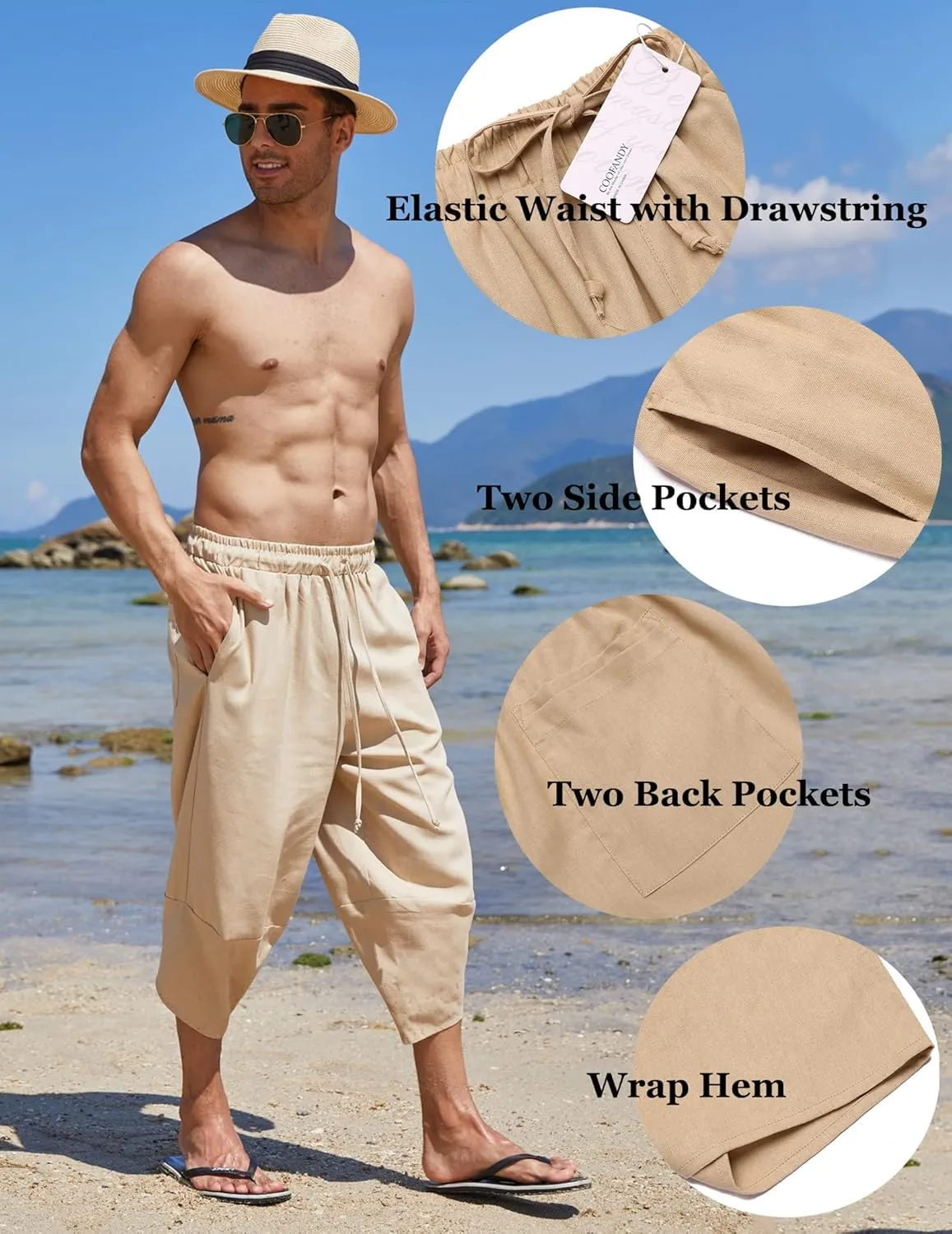 COOFANDY Men's Linen Harem Capri Pants Lightweight Loose 3/4 Shorts Drawstring Elastic Waist Casual Beach Boho Yoga Trousers