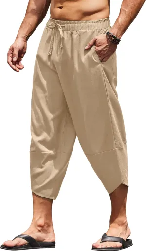 COOFANDY Men's Linen Harem Capri Pants Lightweight Loose 3/4 Shorts Drawstring Elastic Waist Casual Beach Boho Yoga Trousers