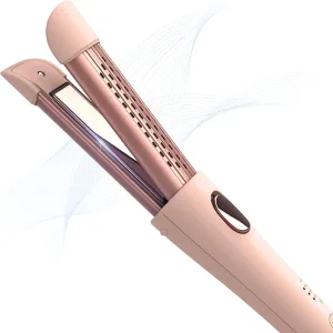 Cool Air Curler Titanium Curling Wand 2 in 1 Hair Flat Iron 1” Styler for Loose Curls and Straight Styles, Max 430F, Auto Off, Dual Voltage (Pink)