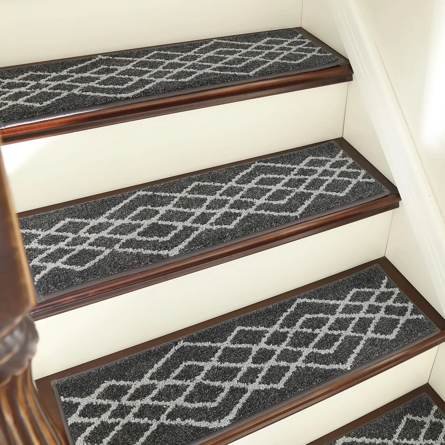 COSY HOMEER Soft Stair Treads Non-Slip Carpet Mat 28inX9in Indoor Stair Runners for Wooden Steps,Stair Rugs for Kids and Dogs, 100% Polyester TPE Backing 4pcs,Black,Rhombus